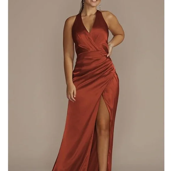 Charmeuse halter bridesmaid dress - color is Cinnamon - Picture 1 of 5